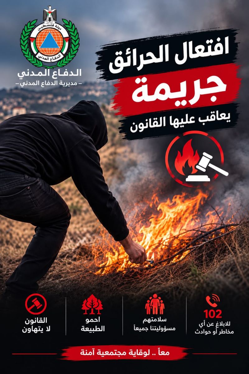 بشكوى من الدفاع المدني في محافظة طولكرم.. الشرطة تلقي القبض على مشتبه به بافتعال حريق وإحالته للقضاء