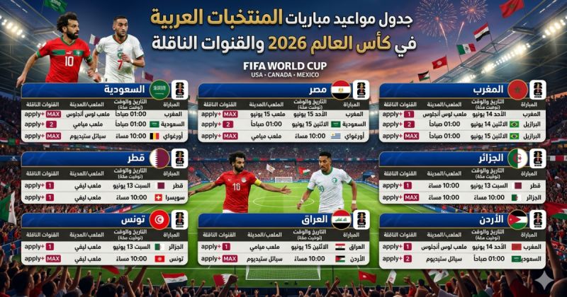 جدول مواعيد مباريات المنتخبات العربية في كأس العالم 2026 والقنوات الناقلة