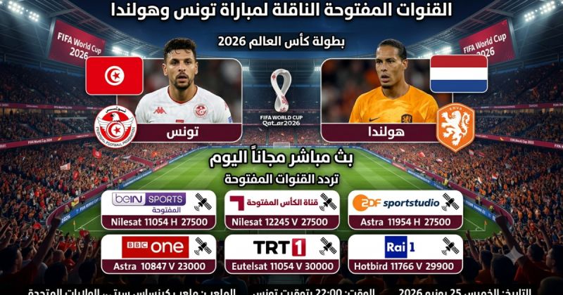 القنوات المفتوحة الناقلة لمباراة تونس وهولندا في كأس العالم 2026