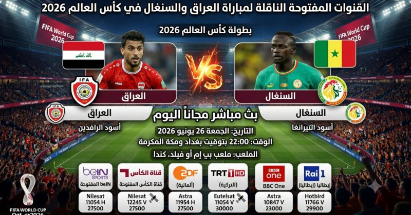 القنوات المفتوحة الناقلة لمباراة العراق والسنغال في كأس العالم 2026