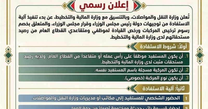 "المواصلات" تعلن بدء تنفيذ خصم رسوم الترخيص ورخص قيادة الموظفين والمتقاعدين من مستحقاتهم