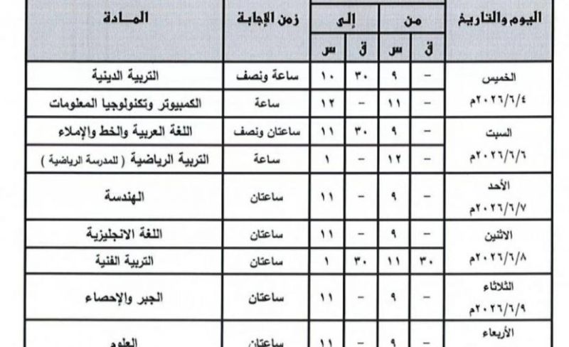 جدول امتحانات الإعدادية بالقليوبية 2026